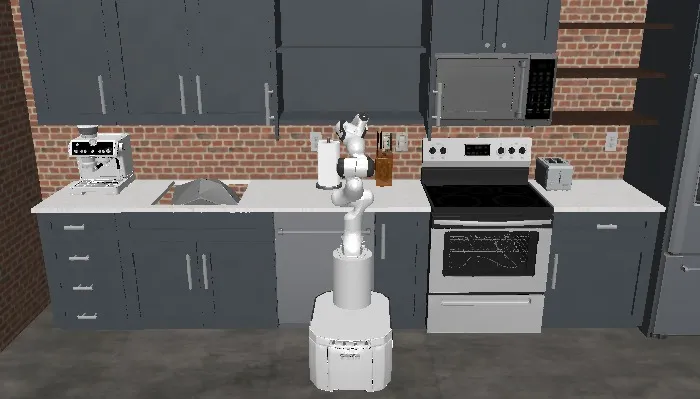 A SimRoboX 3D simulation environment with a robot learning an interaction task
